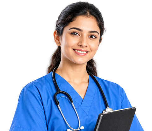 Nursing professional in blue scrubs